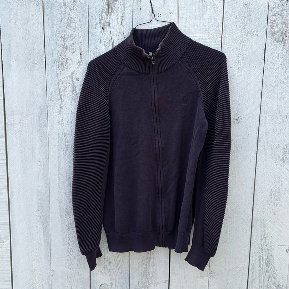 Men’s Gstar Raw cotton zip up sweater blue ribbed sleeves